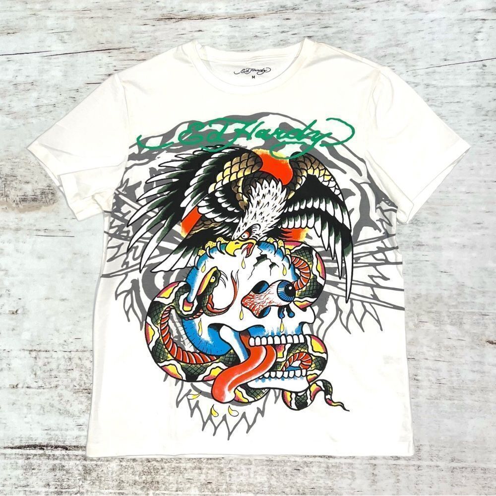 NWT Ed Hardy White Multicolor Eagle, Skull, Snake Eyeball Design Mens Medium